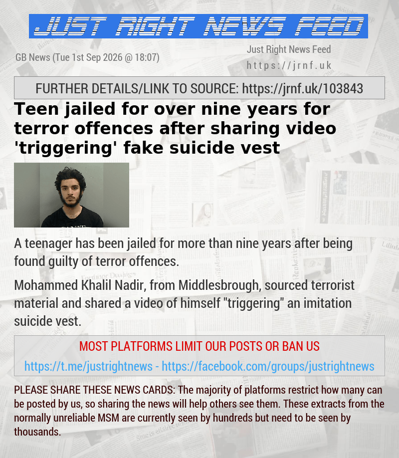 Teen jailed for over nine years for terror offences after sharing video ’triggering’ fake suicide vest