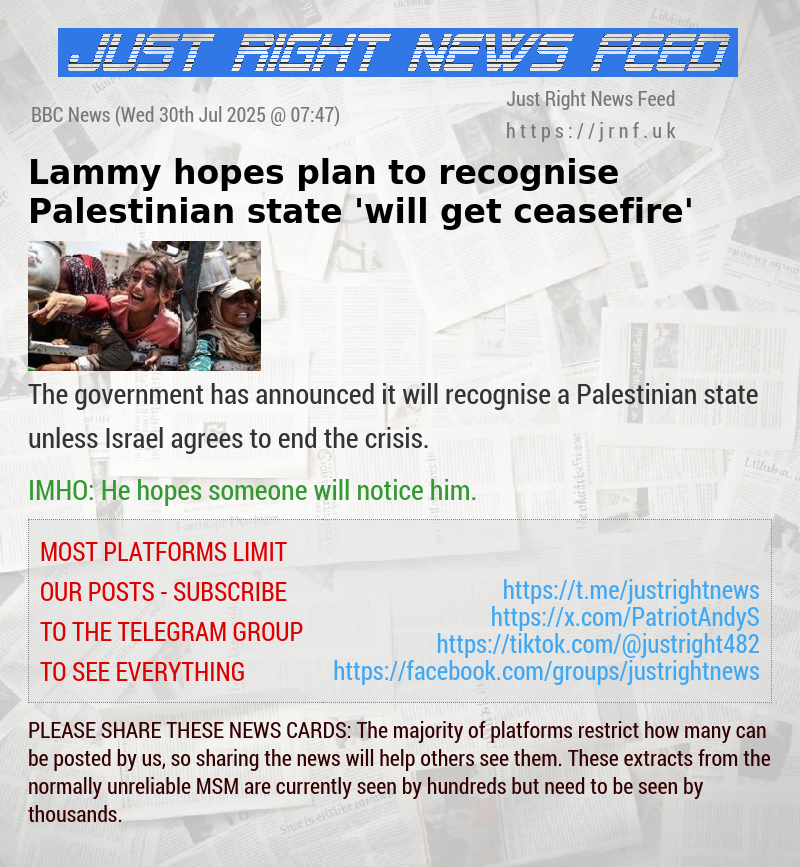 Lammy hopes plan to recognise Palestinian state ’will get ceasefire’