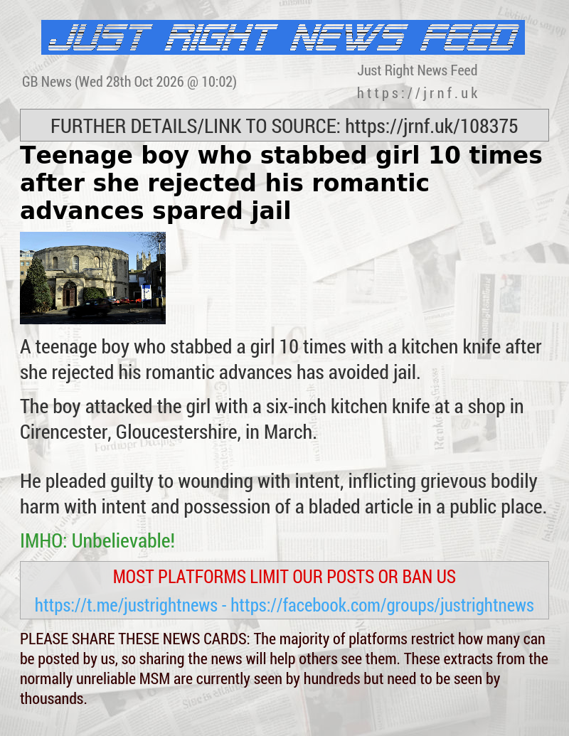 Teenage boy who stabbed girl 10 times after she rejected his romantic advances spared jail