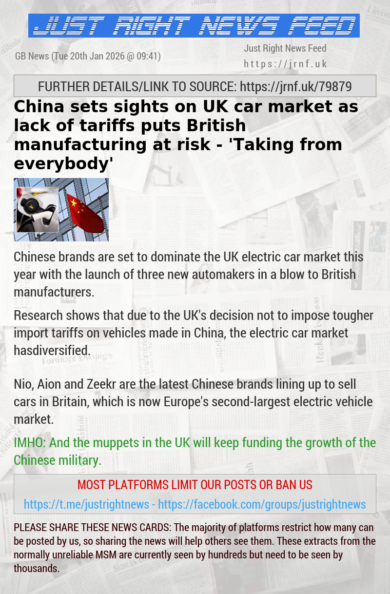 China sets sights on UK car market as lack of tariffs puts British manufacturing at risk — ’Taking from everybody’