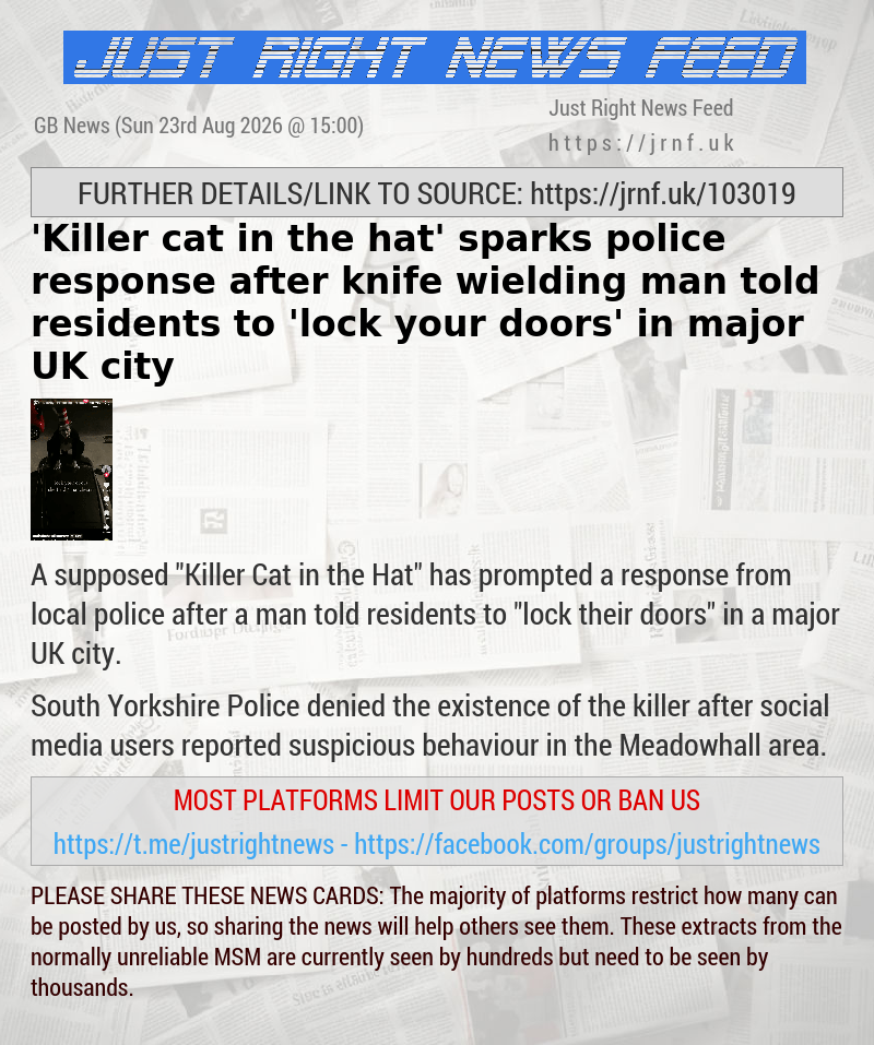 ’Killer cat in the hat’ sparks police response after knife—wielding man told residents to ’lock your doors’ in major UK city
