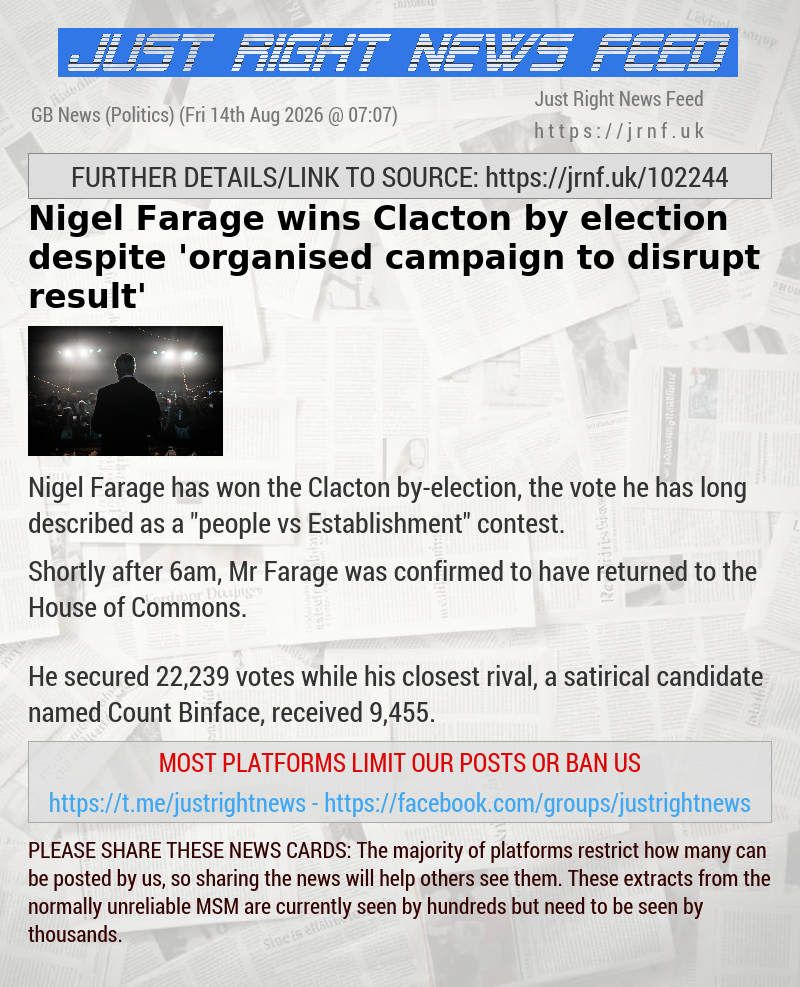Nigel Farage wins Clacton by—election despite ’organised campaign to disrupt result’