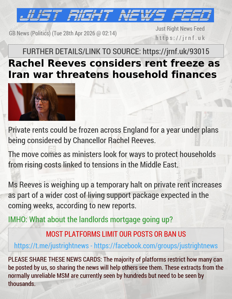 Rachel Reeves considers rent freeze as Iran war threatens household finances