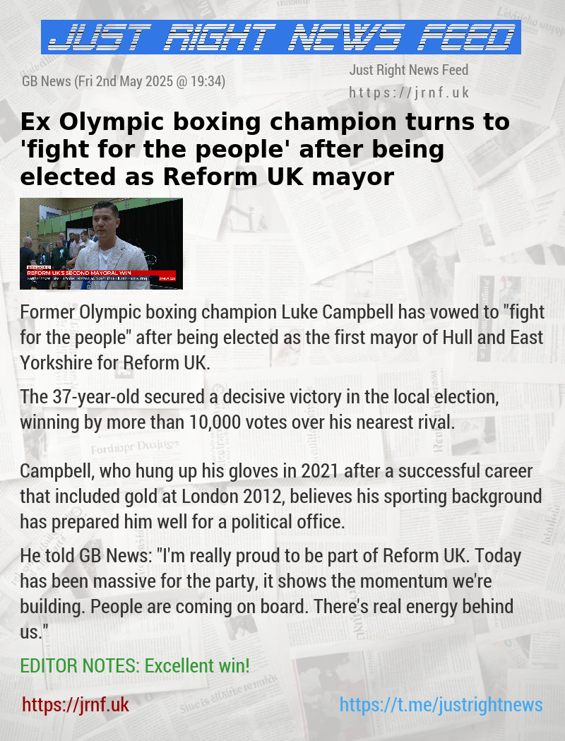 Ex—Olympic boxing champion turns to ’fight for the people’ after being elected as Reform UK mayor