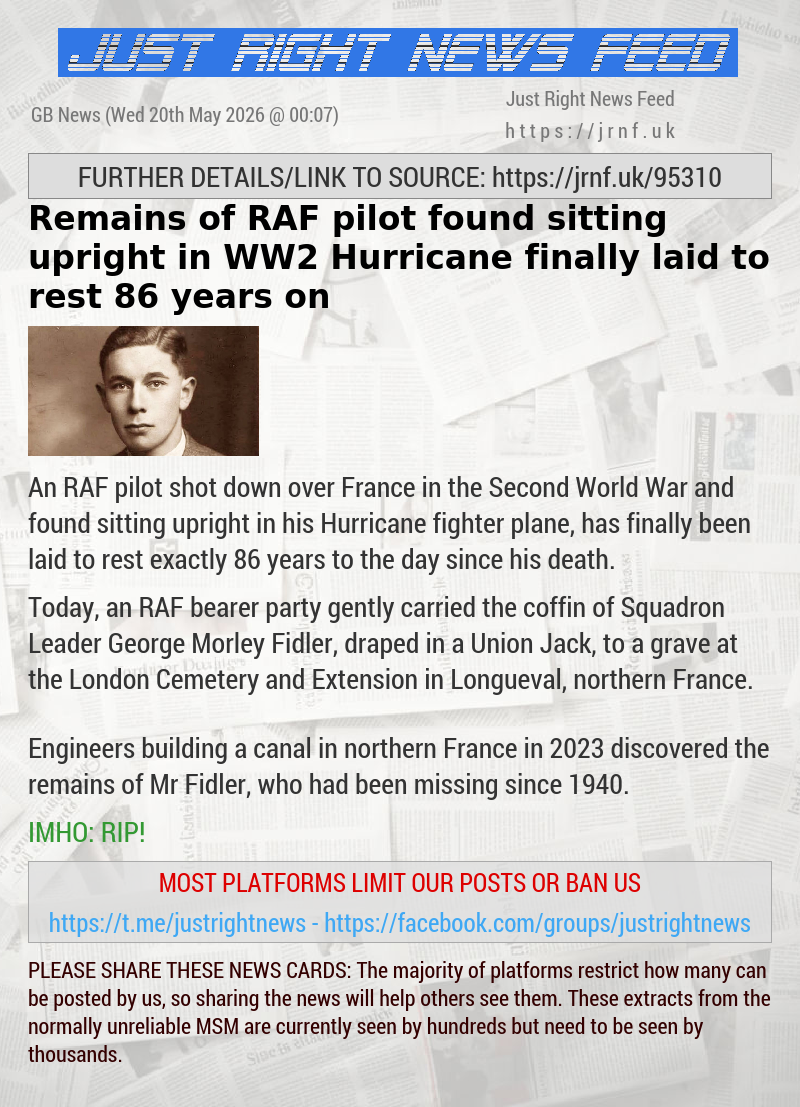 Remains of RAF pilot found sitting upright in WW2 Hurricane finally laid to rest 86 years on