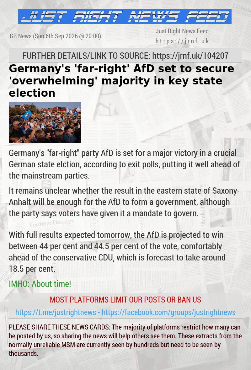 Germany’s ’far—right’ AfD set to secure ’overwhelming’ majority in key state election