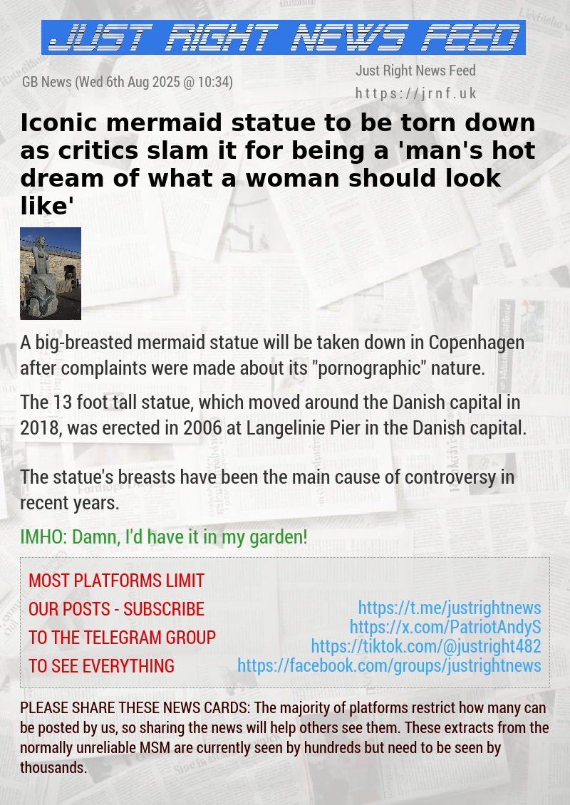 Iconic mermaid statue to be torn down as critics slam it for being a ’man’s hot dream of what a woman should look like’