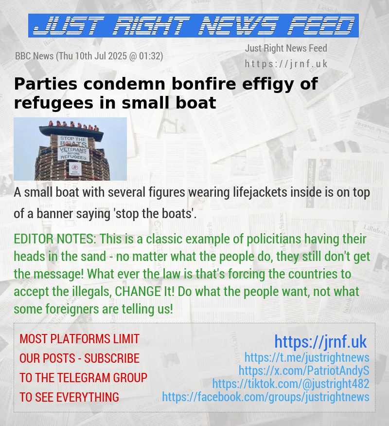 Parties condemn bonfire effigy of refugees in small boat 