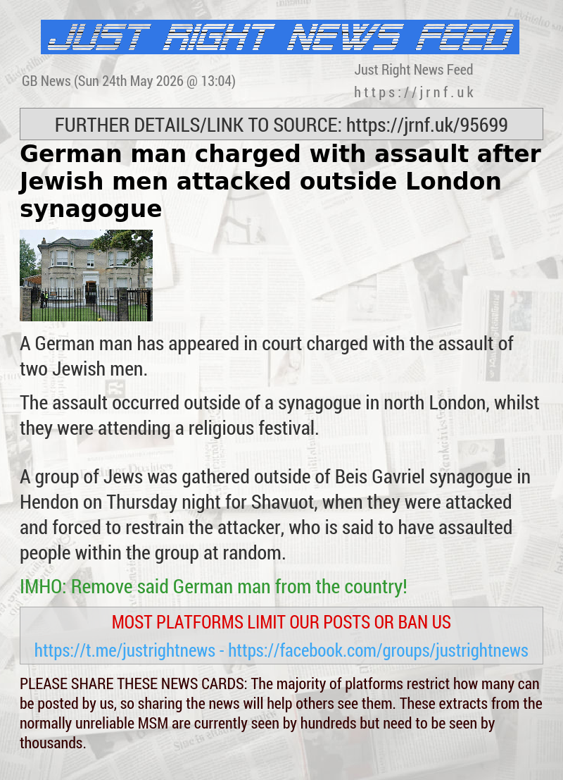 German man charged with assault after Jewish men attacked outside London synagogue