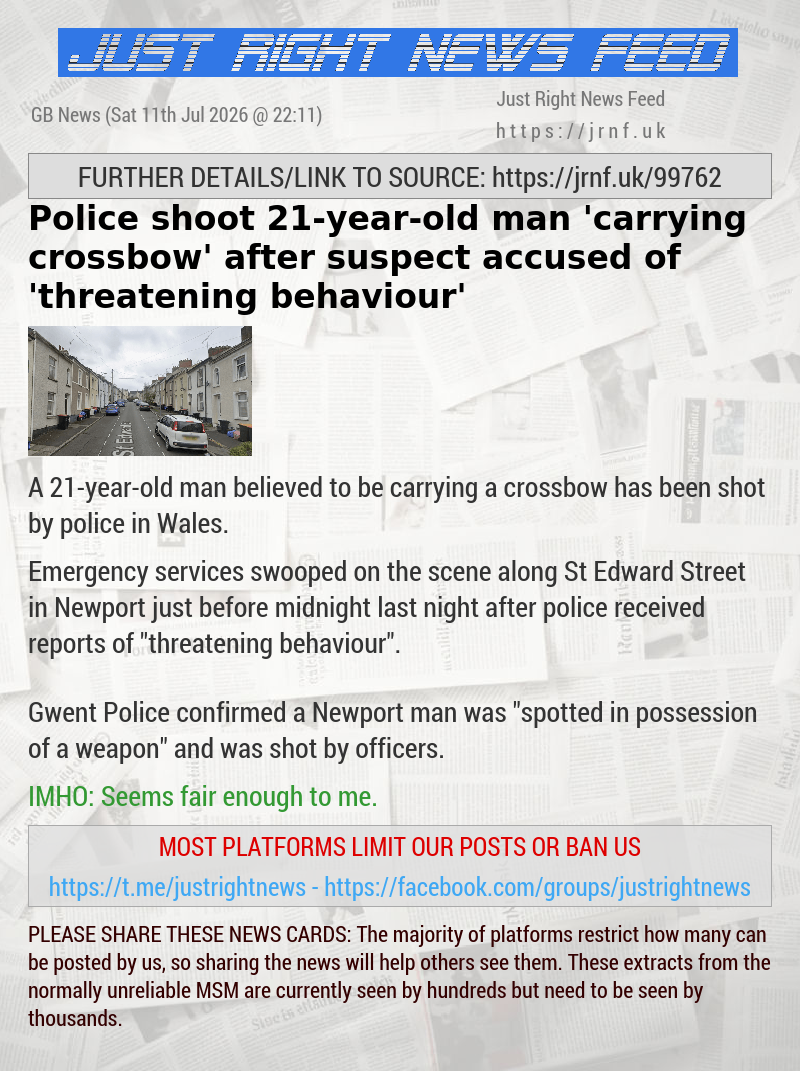 Police shoot 21—year—old man ’carrying crossbow’ after suspect accused of ’threatening behaviour’