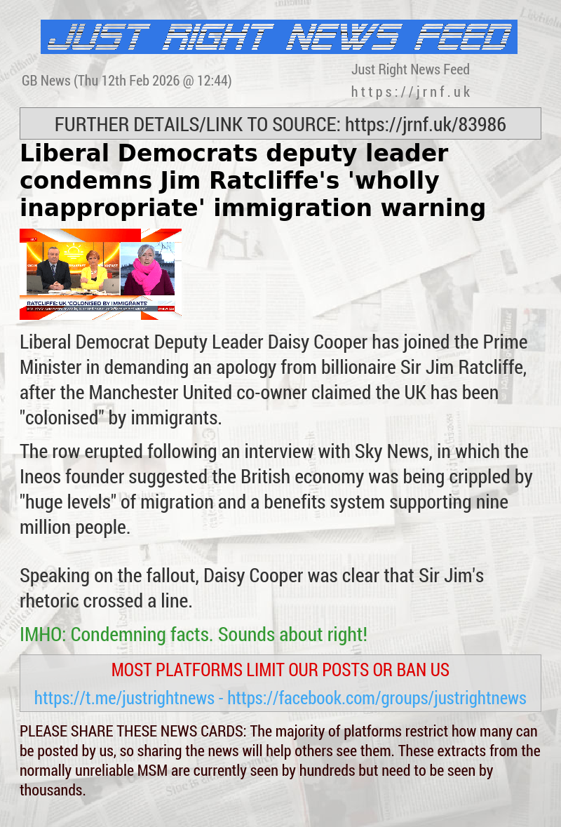 Liberal Democrats deputy leader condemns Jim Ratcliffe’s ’wholly inappropriate’ immigration warning