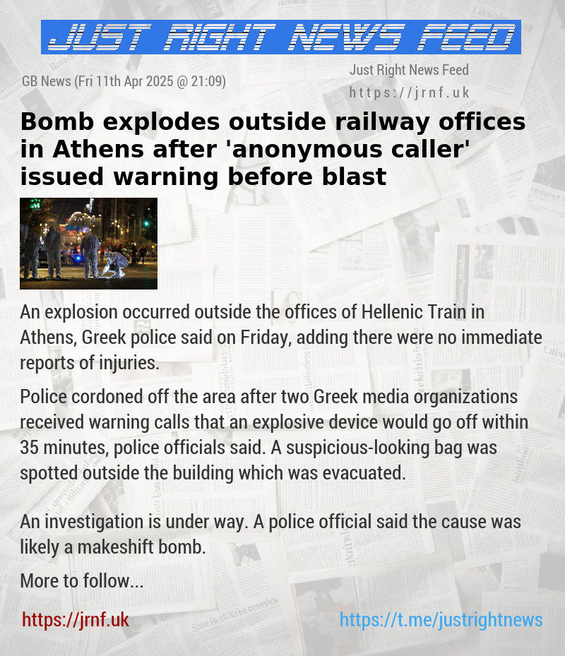 Bomb explodes outside railway offices in Athens after ’anonymous caller’ issued warning before blast