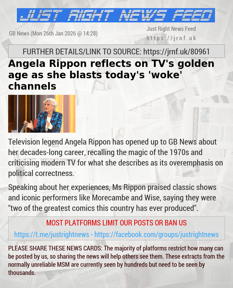 Angela Rippon reflects on TV’s golden age as she blasts today’s ’woke’ channels