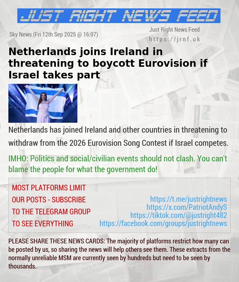 Netherlands joins Ireland in threatening to boycott Eurovision if Israel takes part