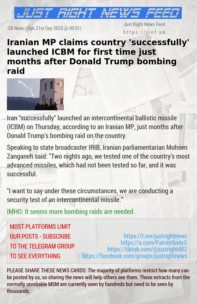 Iranian MP claims country ’successfully’ launched ICBM for first time just months after Donald Trump bombing raid
