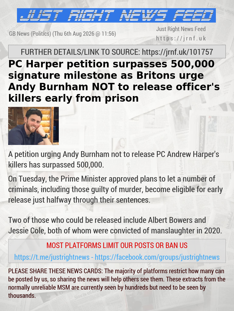PC Harper petition surpasses 500,000 signature milestone as Britons urge Andy Burnham NOT to release officer’s killers early from prison