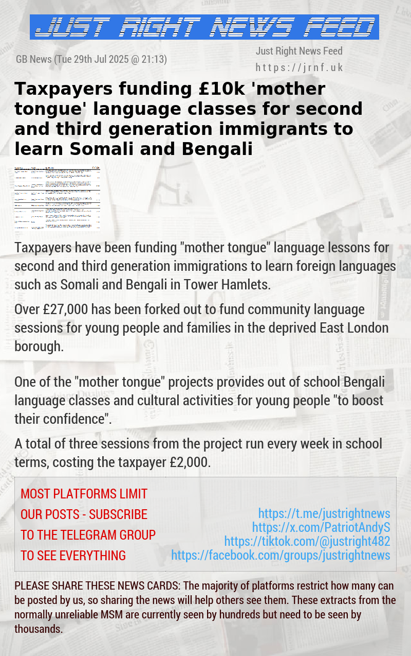 Taxpayers funding &pound;10k ’mother tongue’ language classes for second and third generation immigrants to learn Somali and Bengali