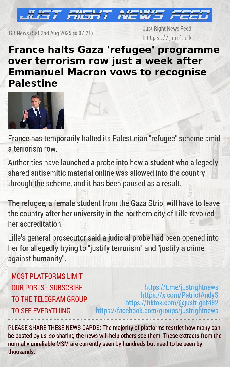 France halts Gaza ’refugee’ programme over terrorism row — just a week after Emmanuel Macron vows to recognise Palestine