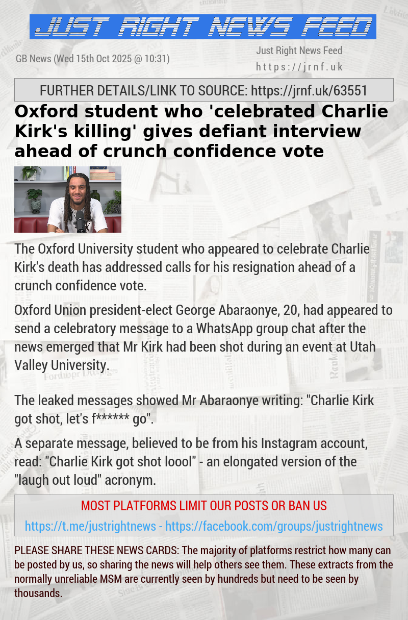 Oxford student who ‘celebrated Charlie Kirk’s killing’ gives defiant interview ahead of crunch confidence vote