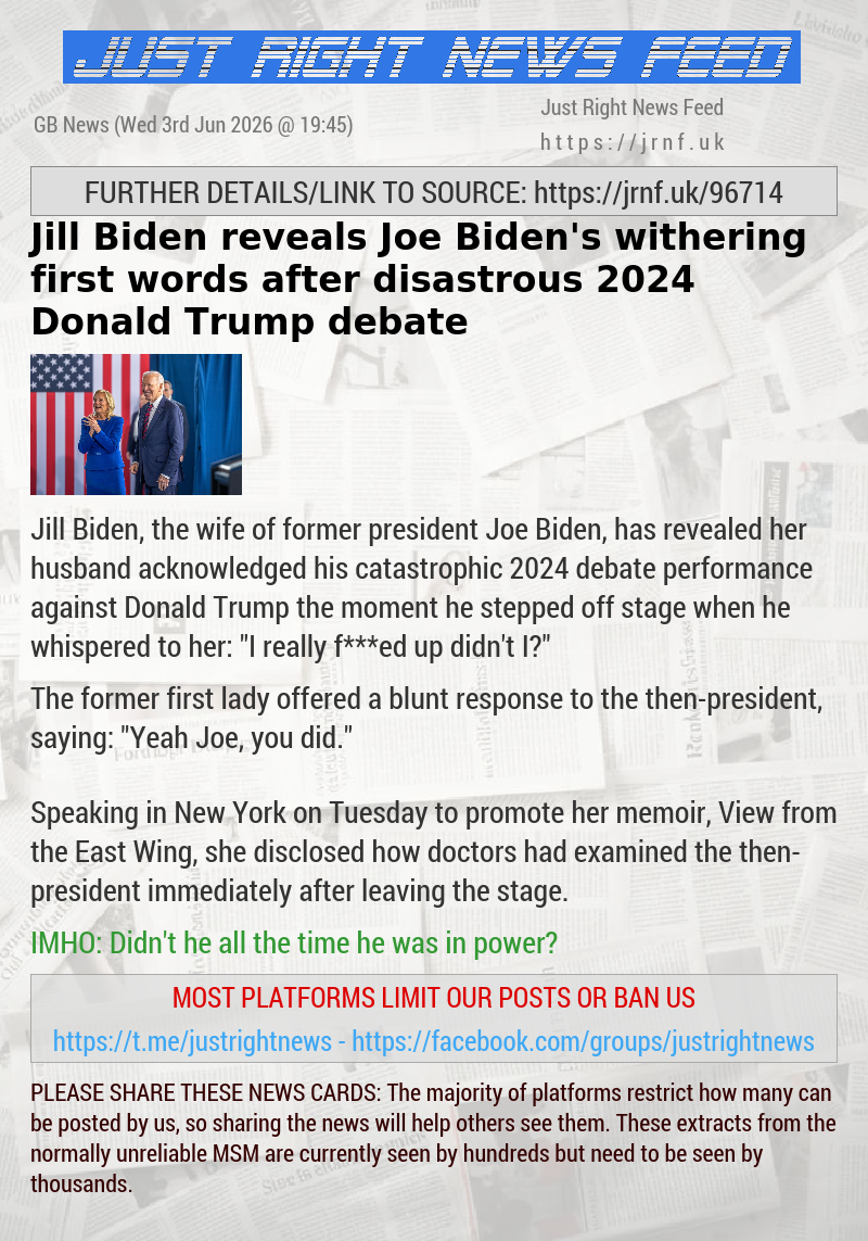 Jill Biden reveals Joe Biden’s withering first words after disastrous 2024 Donald Trump debate