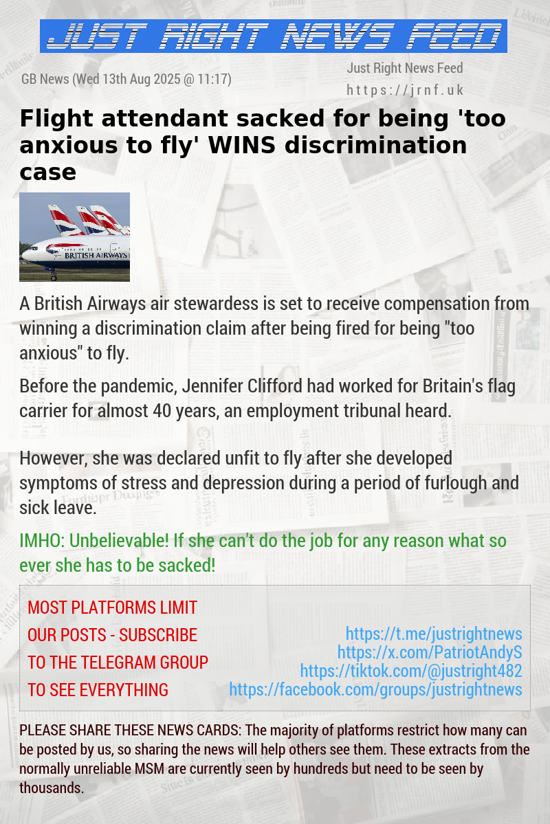 Flight attendant sacked for being ’too anxious to fly’ WINS discrimination case