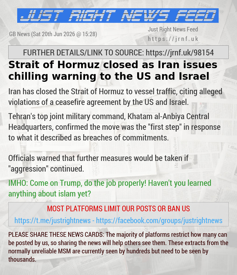 Strait of Hormuz closed as Iran issues chilling warning to the US and Israel