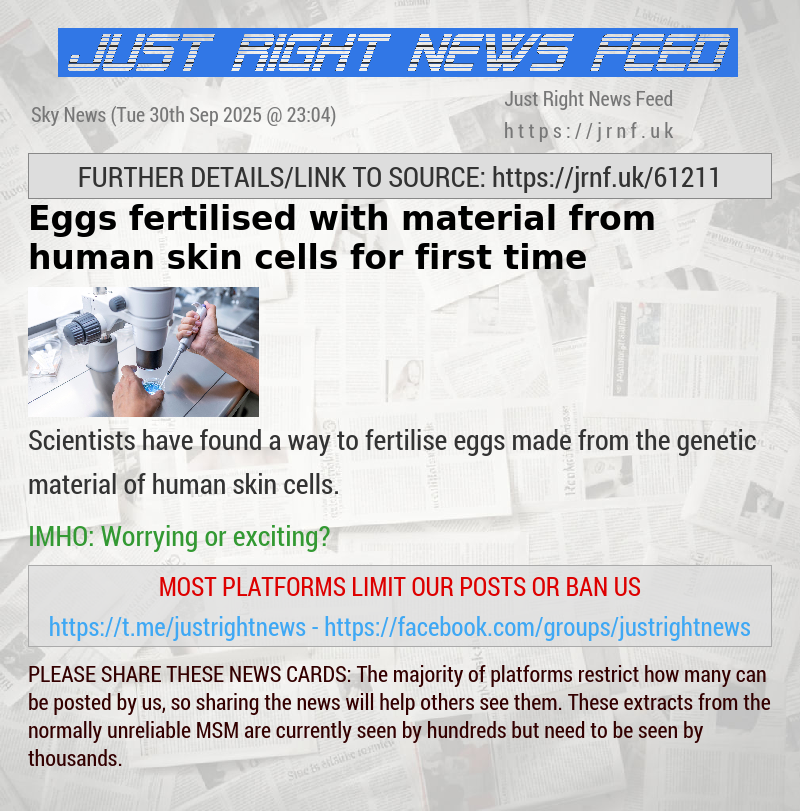 Eggs fertilised with material from human skin cells for first time