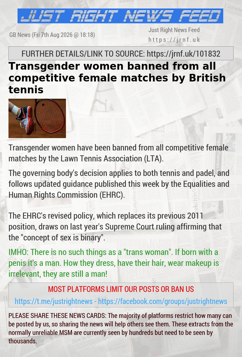 Transgender women banned from all competitive female matches by British tennis