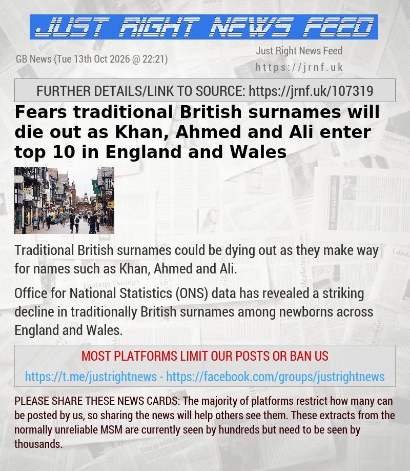 Fears traditional British surnames will die out as Khan, Ahmed and Ali enter top 10 in England and Wales