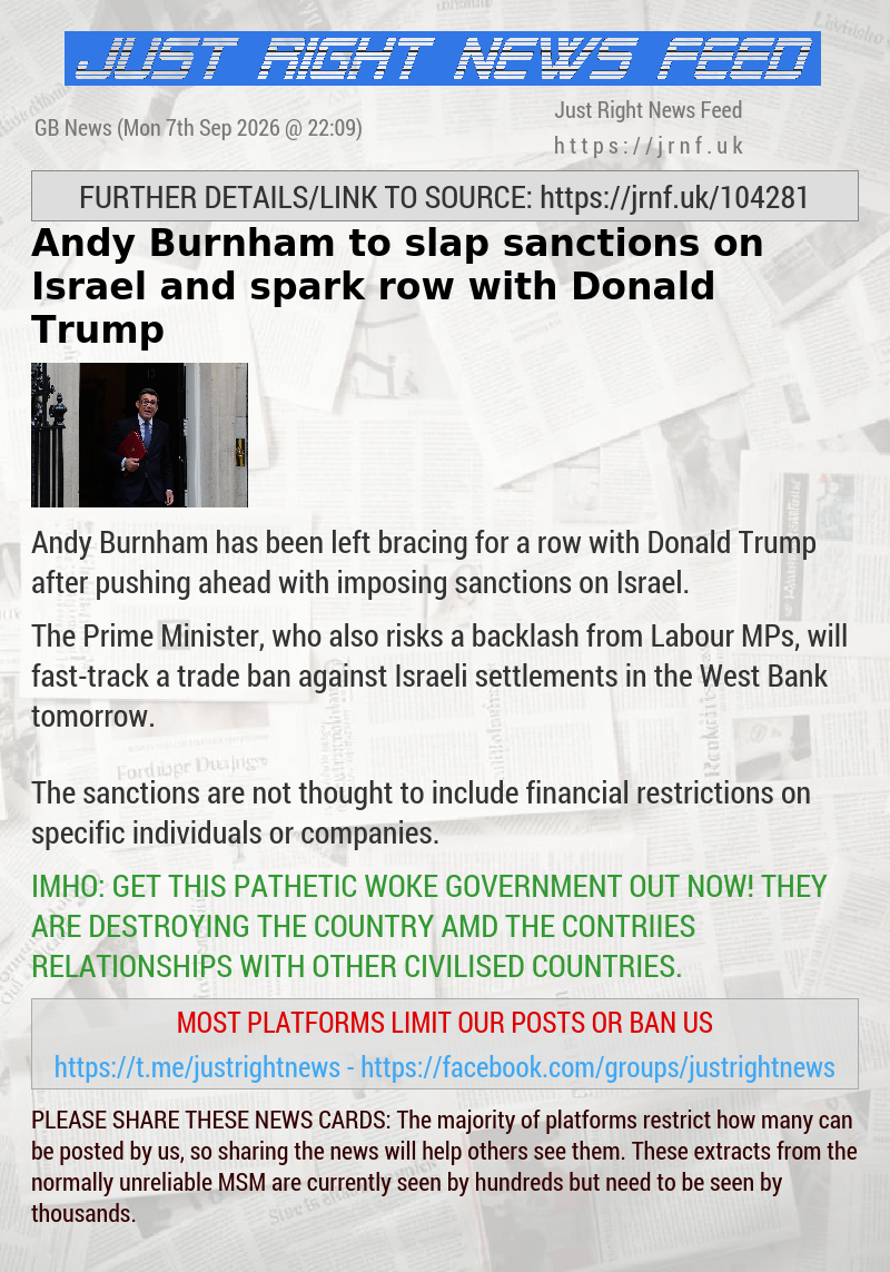 Andy Burnham to slap sanctions on Israel and spark row with Donald Trump