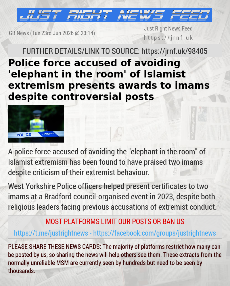 Police force accused of avoiding ’elephant in the room’ of Islamist extremism presents awards to imams despite controversial posts