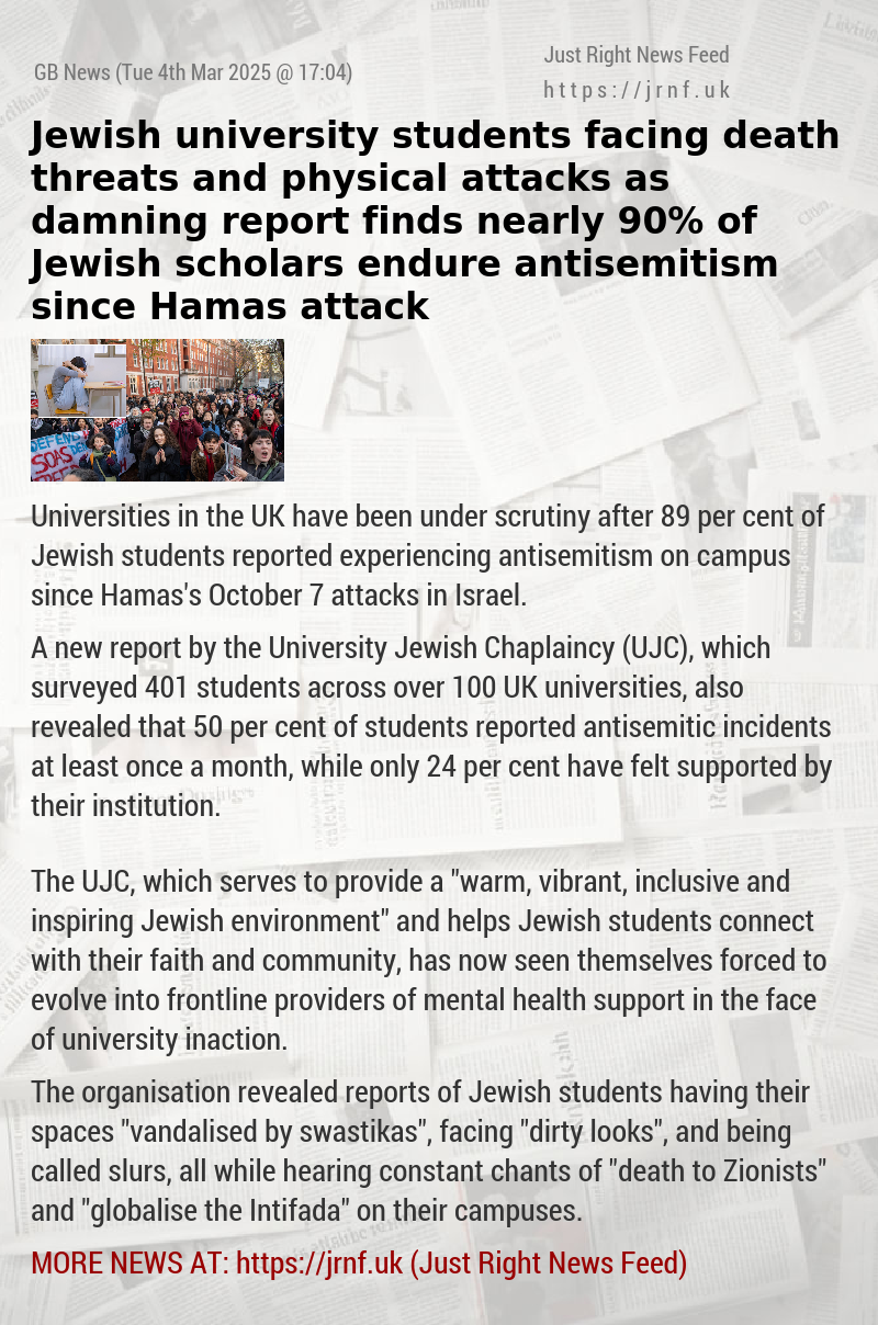 Jewish university students facing death threats and physical attacks as damning report finds nearly 90% of Jewish scholars endure antisemitism since Hamas attack