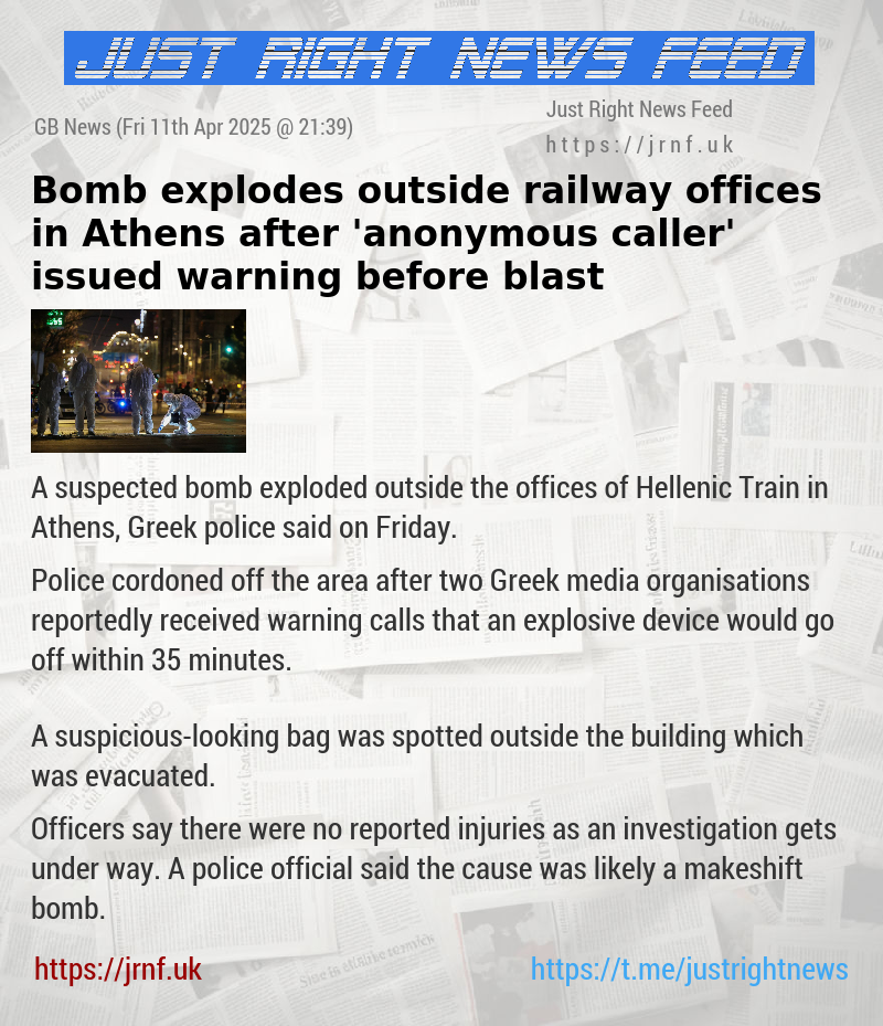 Bomb explodes outside railway offices in Athens after ’anonymous caller’ issued warning before blast