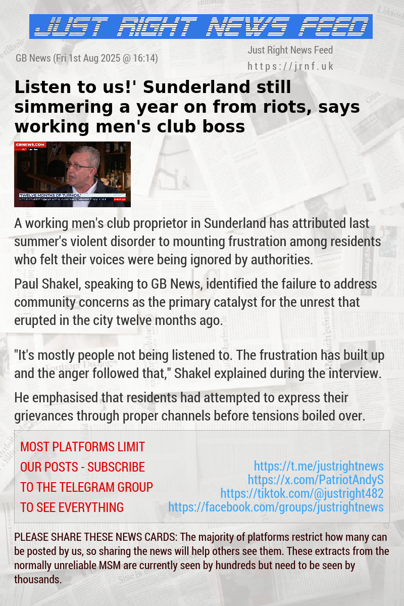 ‘Listen to us!’ Sunderland still simmering a year on from riots, says working men’s club boss