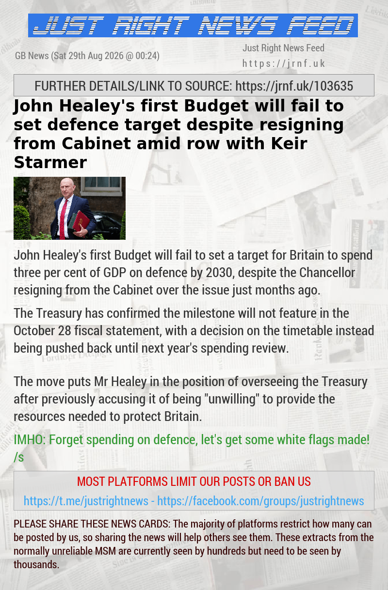 John Healey’s first Budget will fail to set defence target despite resigning from Cabinet amid row with Keir Starmer