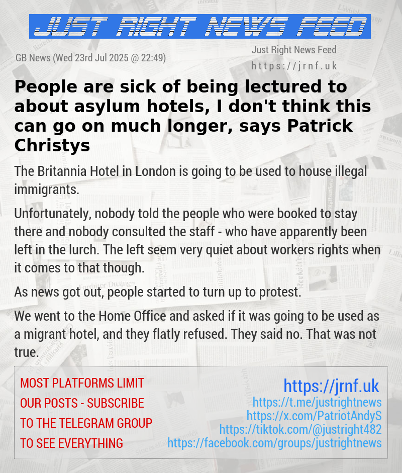 People are sick of being lectured to about asylum hotels, I don’t think this can go on much longer, says Patrick Christys