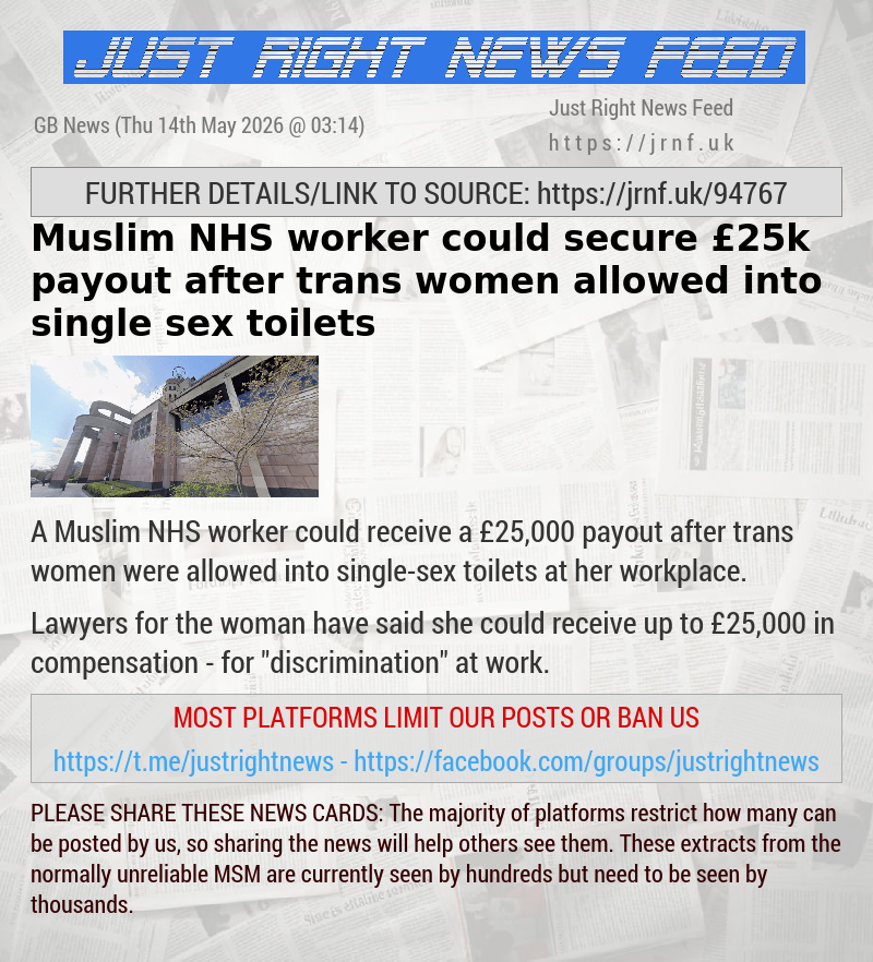 Muslim NHS worker could secure &pound;25k payout after trans women allowed into single—sex toilets