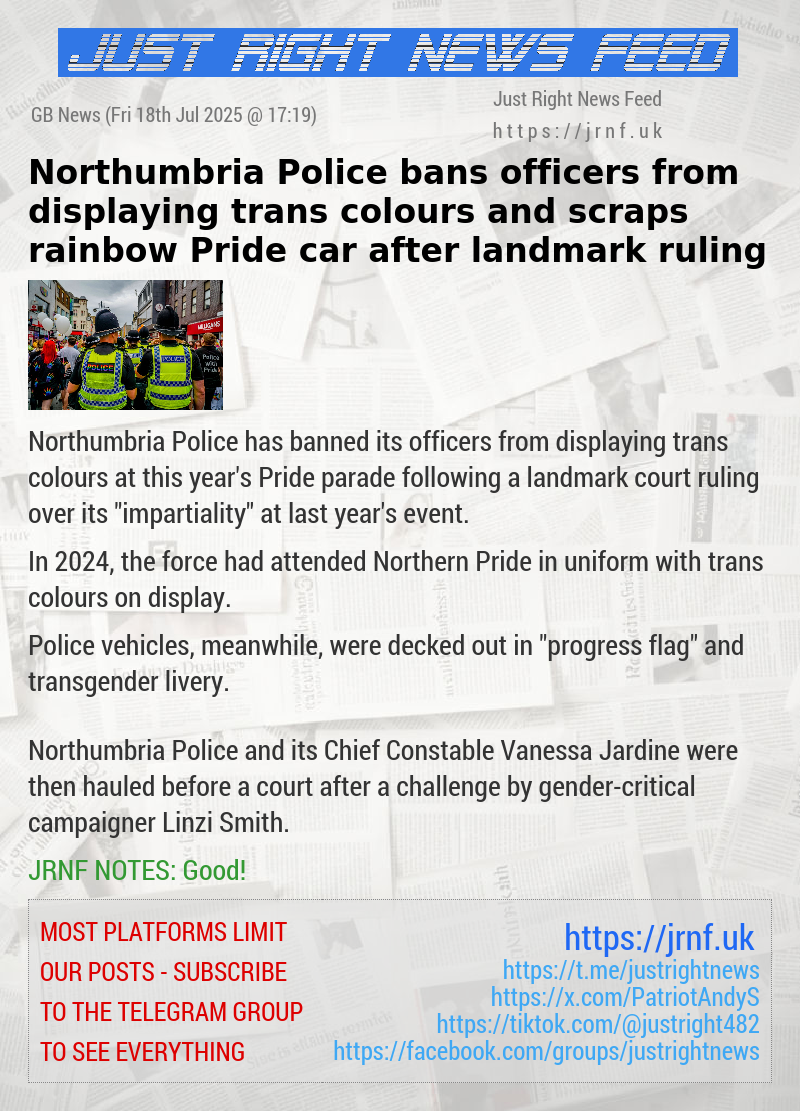 Northumbria Police bans officers from displaying trans colours and scraps rainbow Pride car after landmark ruling
