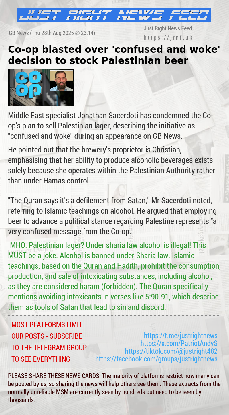 Co—op blasted over ‘confused and woke’ decision to stock Palestinian beer