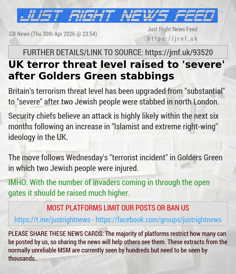 UK terror threat level raised to ’severe’ after Golders Green stabbings