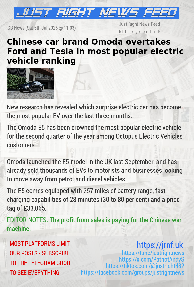 Chinese car brand Omoda overtakes Ford and Tesla in most popular electric vehicle ranking
