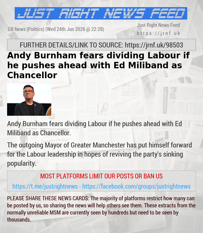 Andy Burnham fears dividing Labour if he pushes ahead with Ed Miliband as Chancellor