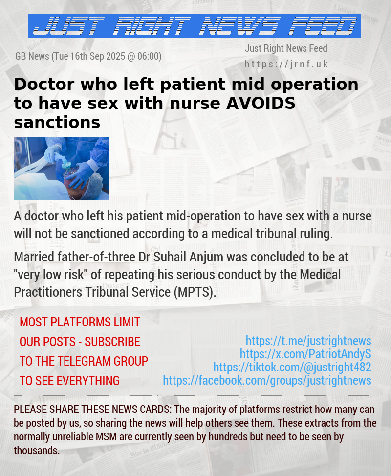 Doctor who left patient mid—operation to have sex with nurse AVOIDS sanctions