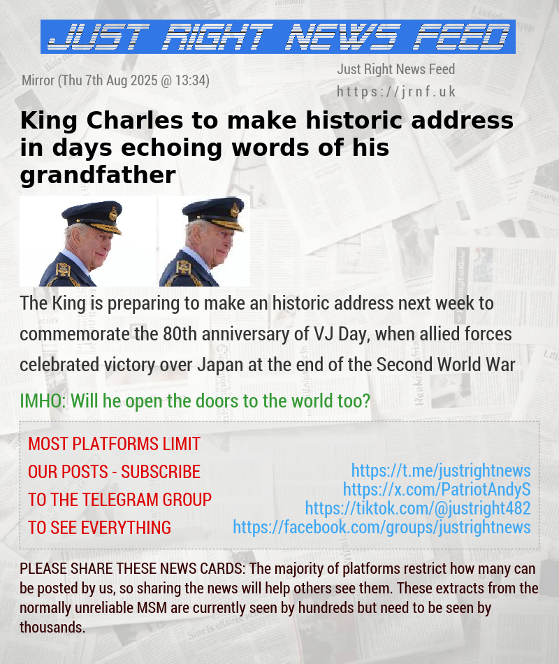 King Charles to make historic address in days echoing words of his grandfather 