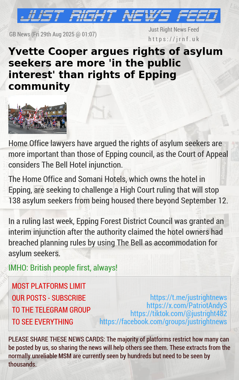 Yvette Cooper argues rights of asylum seekers are more ’in the public interest’ than rights of Epping community