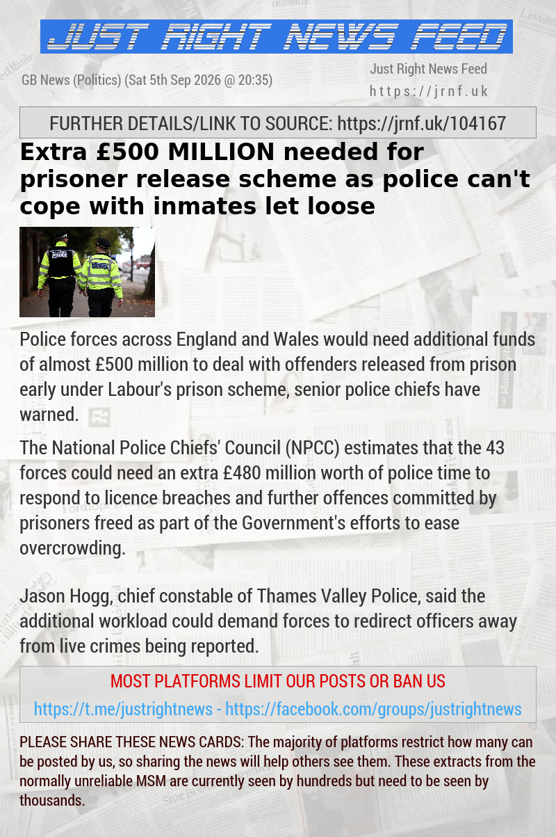 Extra &pound;500 MILLION needed for prisoner release scheme as police can’t cope with inmates let loose