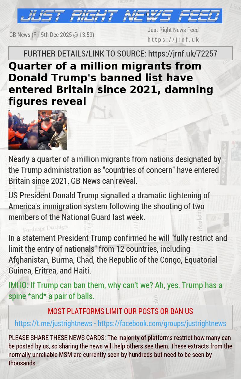 Quarter of a million migrants from Donald Trump’s banned list have entered Britain since 2021, damning figures reveal