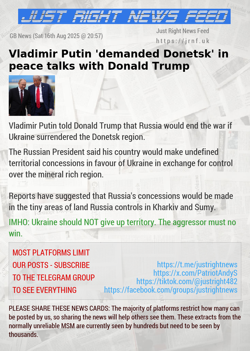 Vladimir Putin ’demanded Donetsk’ in peace talks with Donald Trump