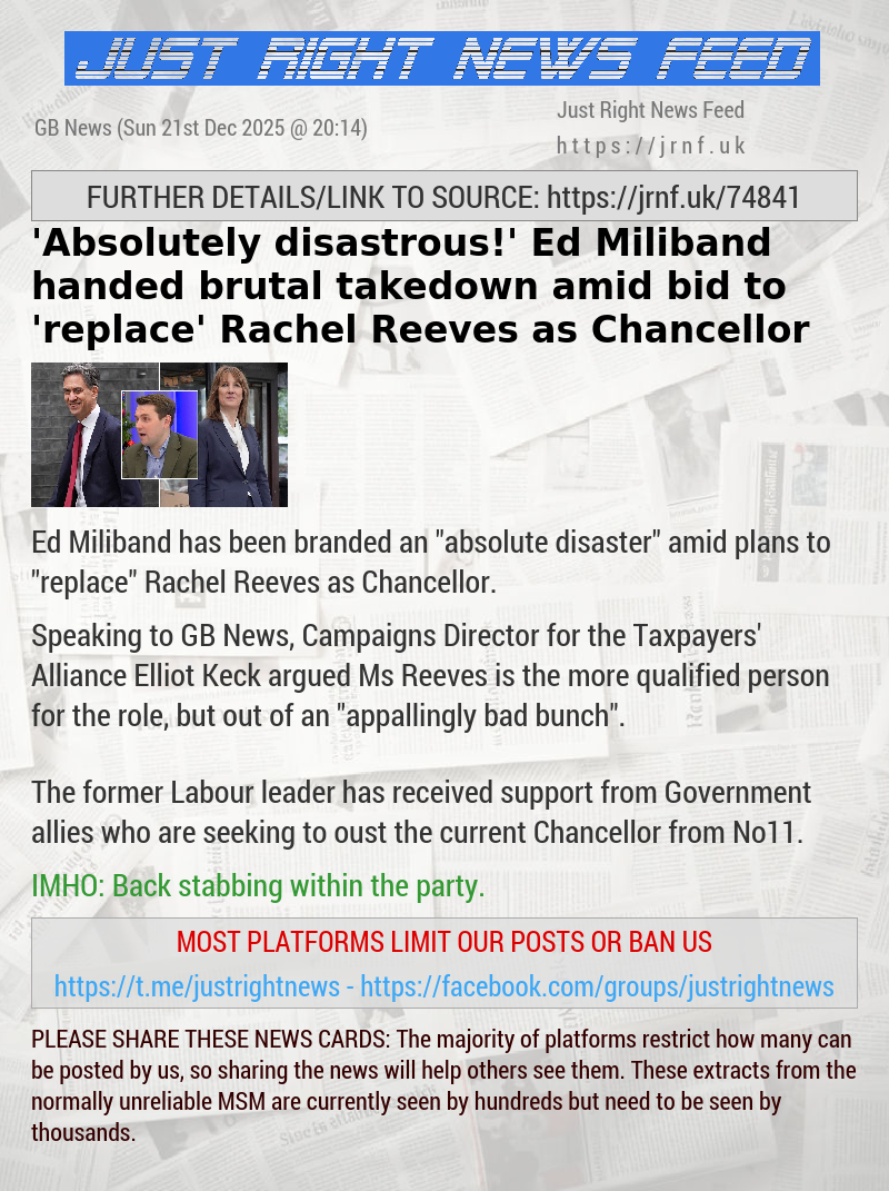 ’Absolutely disastrous!’ Ed Miliband handed brutal takedown amid bid to ’replace’ Rachel Reeves as Chancellor