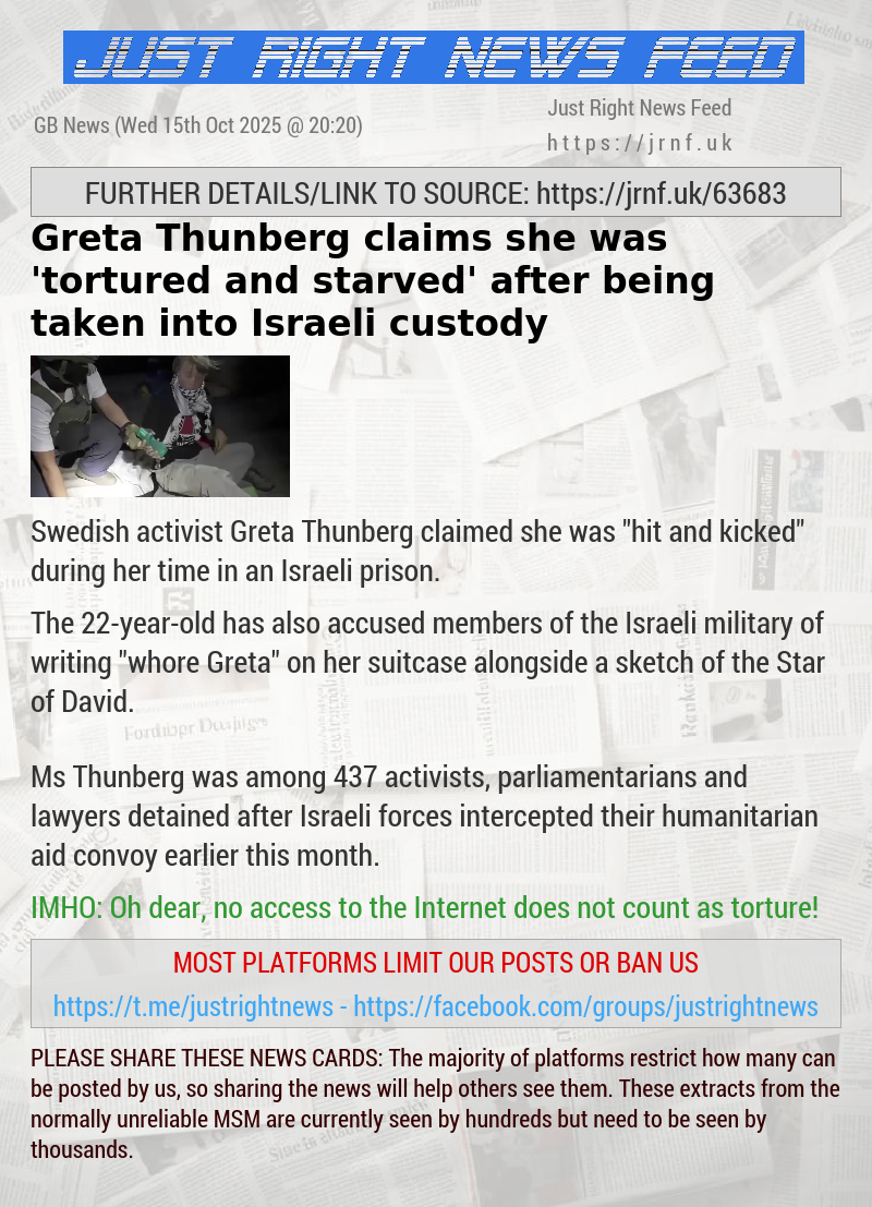 Greta Thunberg claims she was ’tortured and starved’ after being taken into Israeli custody